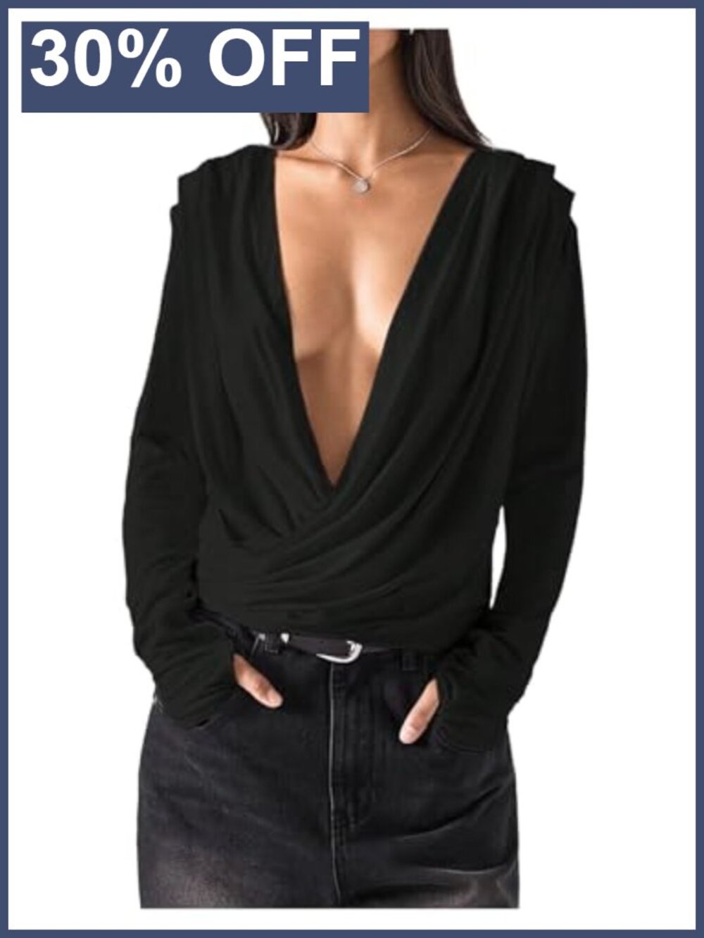 Deep V Neck Ruched Long Sleeve Viscose T Shirt Loose Fit Sexy Top